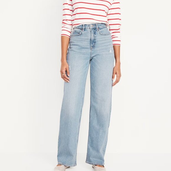 OLD NAVY Women's Distressed Extra High-Rise Sky-Hi Wide Leg Jeans 18 Tall NEW - Picture 1 of 5